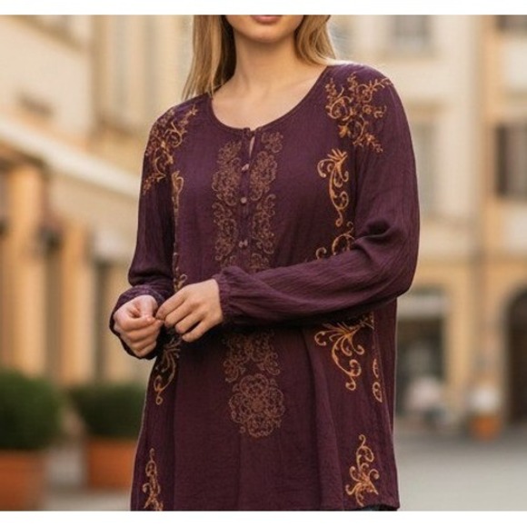 Johnny Was Tops - Johnny Was Embroidered Tunic Top Plum Purple Gold Filigree Rayon Blouse Small